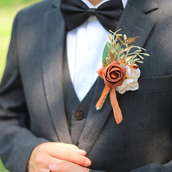 Set of 6 Terracotta Wedding Boutonniere for Men Artificial Flowers for Wedding G - Picture 3 of 9